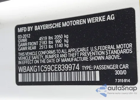 2012 BMW 335Is from USA, damaged, VIN WBAKG1C59CE839974